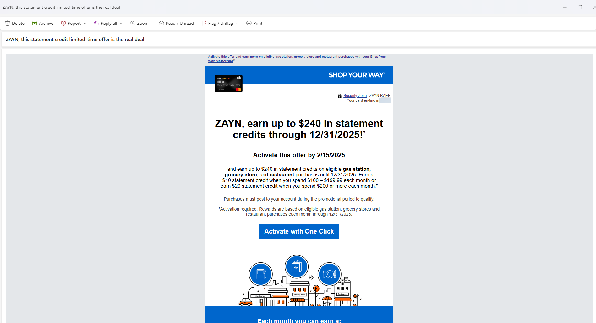 Email of my Citi SYW spending offer
